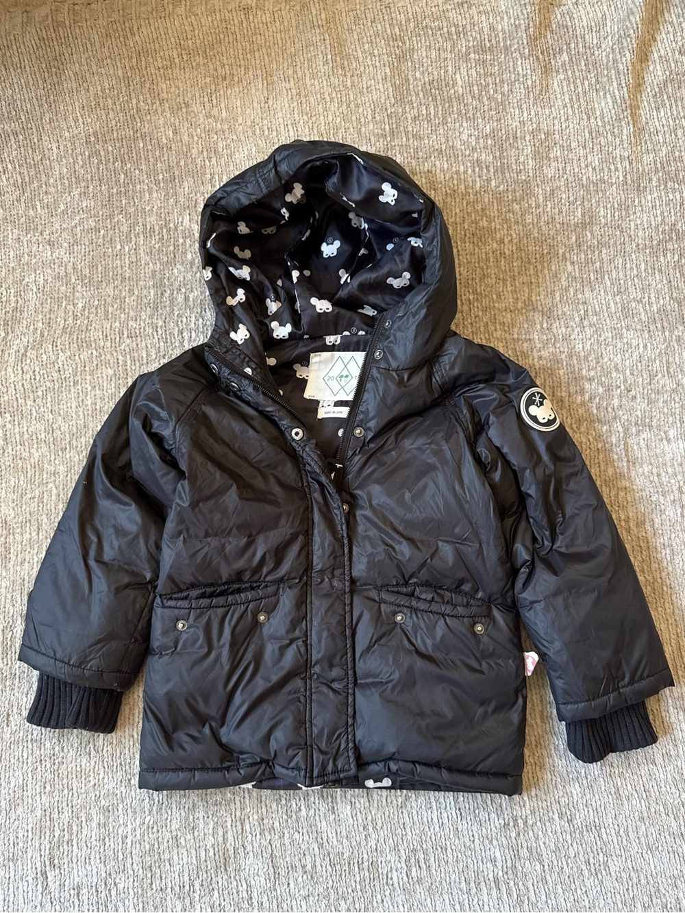 Bébé De Pino Girls Black Hooded Puffer Coat Mouse Print Lining
